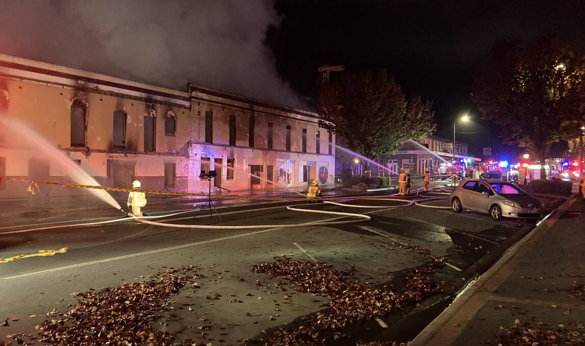 Multiple crews from NSW and the ACT fought a large fire at the Commercial Hotel, Yass, in the early hours of Monday, May 22. Picture by RFS.