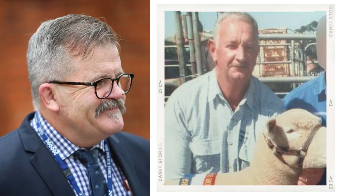 Detective Chief Inspector Mick Stoltenberg (left, photo: James Wiltshire) speaks to the media outside Albury police station about the disappearance of farmer Ian Gray. (pictured right with one of his prized sheep in a photo supplied to NSW police).