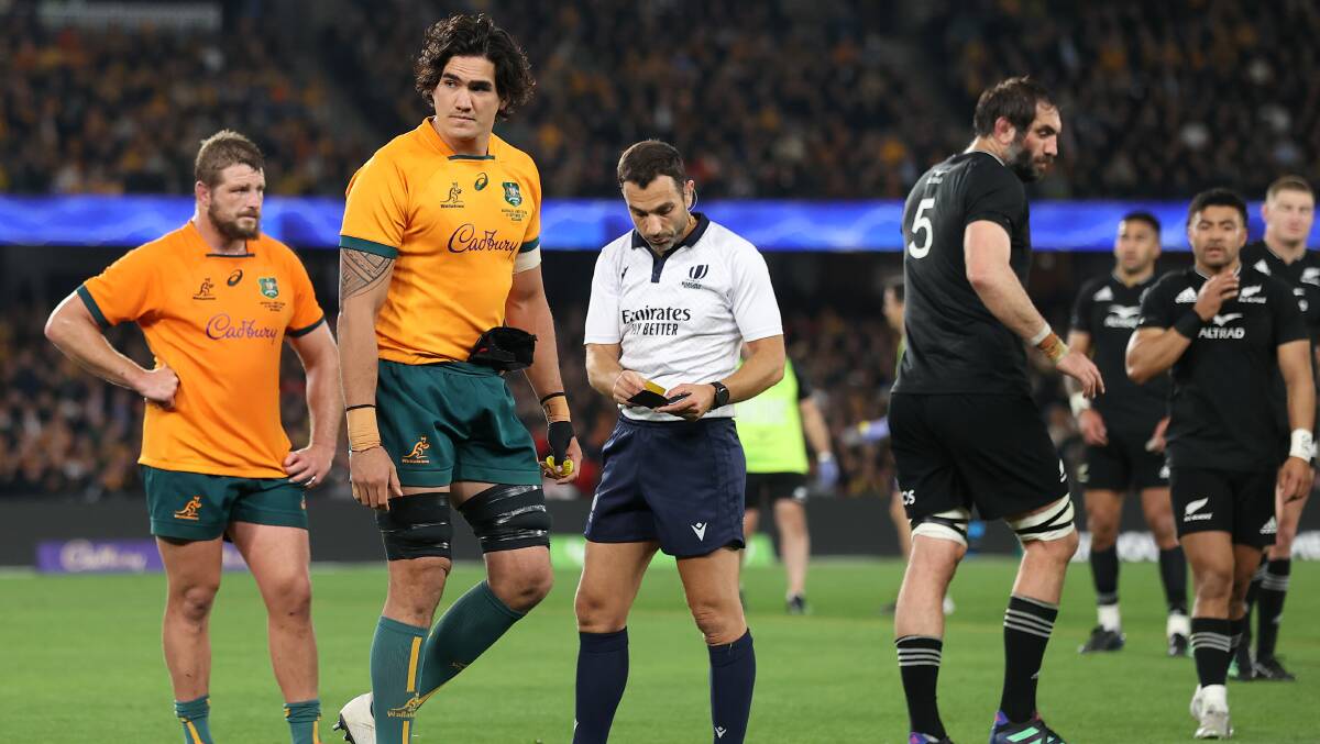 Darcy Swain was yellow-carded and suspended for a dangerous clean out in the opening Bledisloe Cup Test. Picture Getty Images