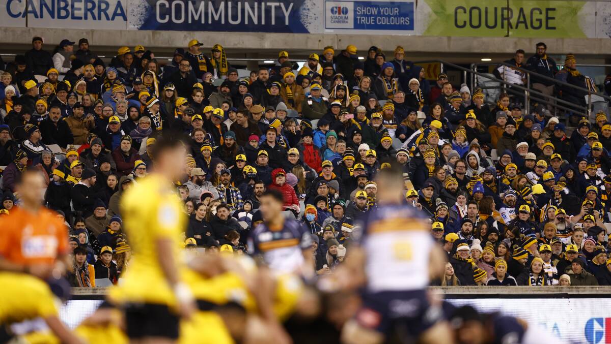 A boisterous crowd got the Brumbies home on Saturday night. Picture by Keegan Carroll