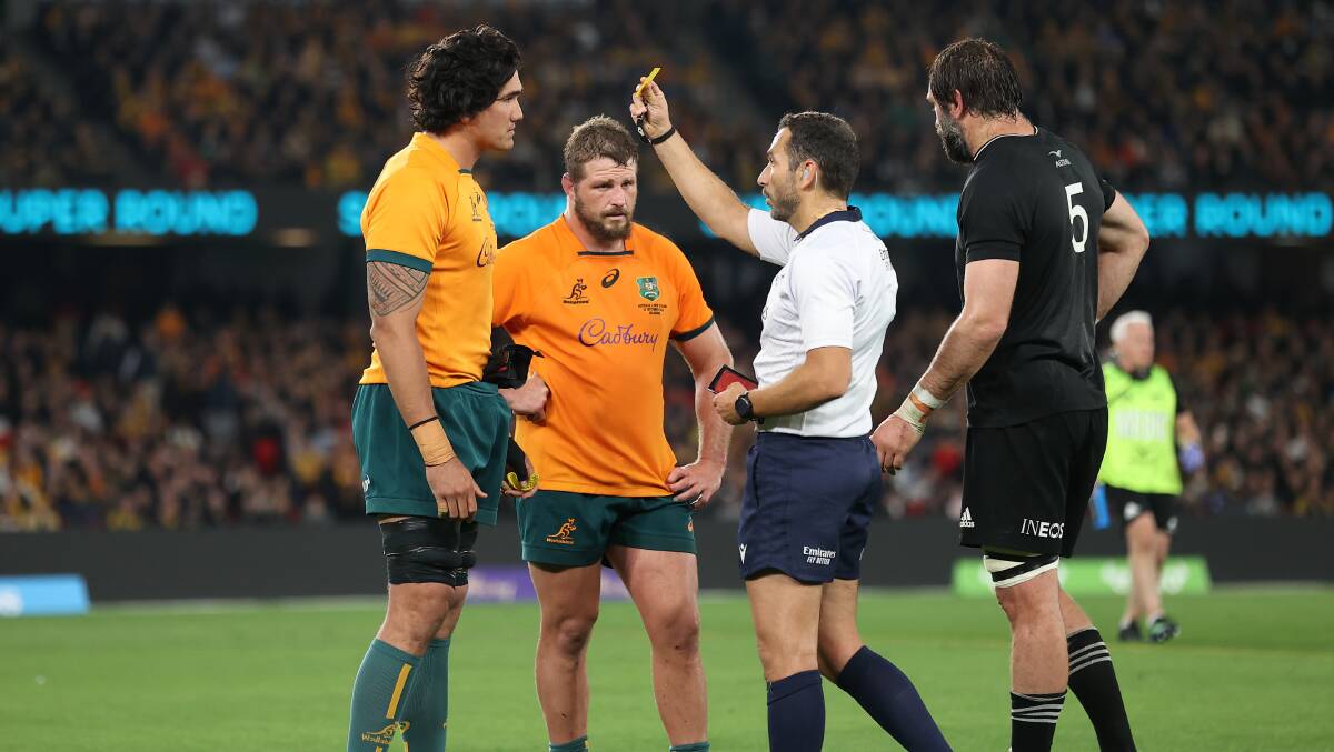Darcy Swain (left) is sent to the sin bin in Thursday's loss to the All Blacks. Picture Getty Images