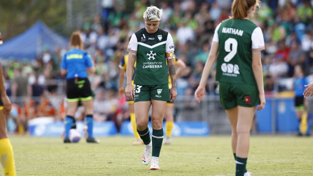 It was a frustrating afternoon for Michelle Heyman and Canberra United in Saturday's loss to Central Coast. Picture by Keegan Carroll