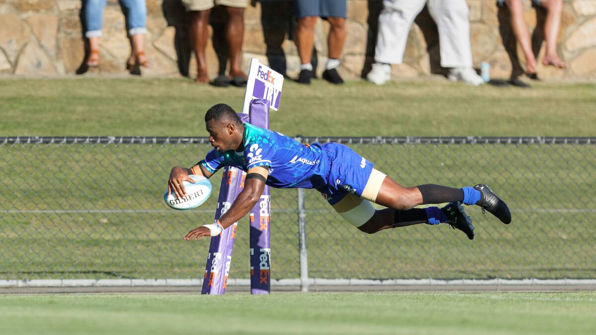 Taniela Rakuro scores for the Drua in Saturday's trial against the ACT Brumbies at Viking Park. Picture by Sitthixay Ditthavong