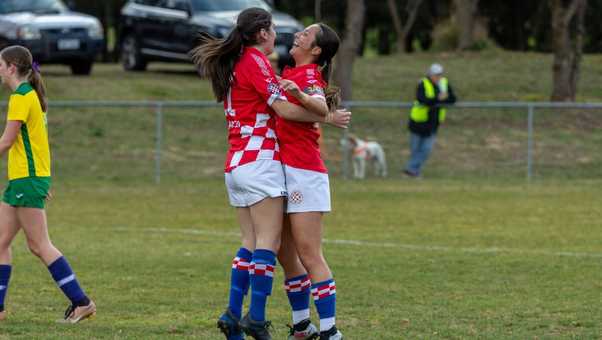 Canberra Croatia celebrate a goal during Sunday's 9-0 win over Tuggeranong. Picture by Gary Ramage