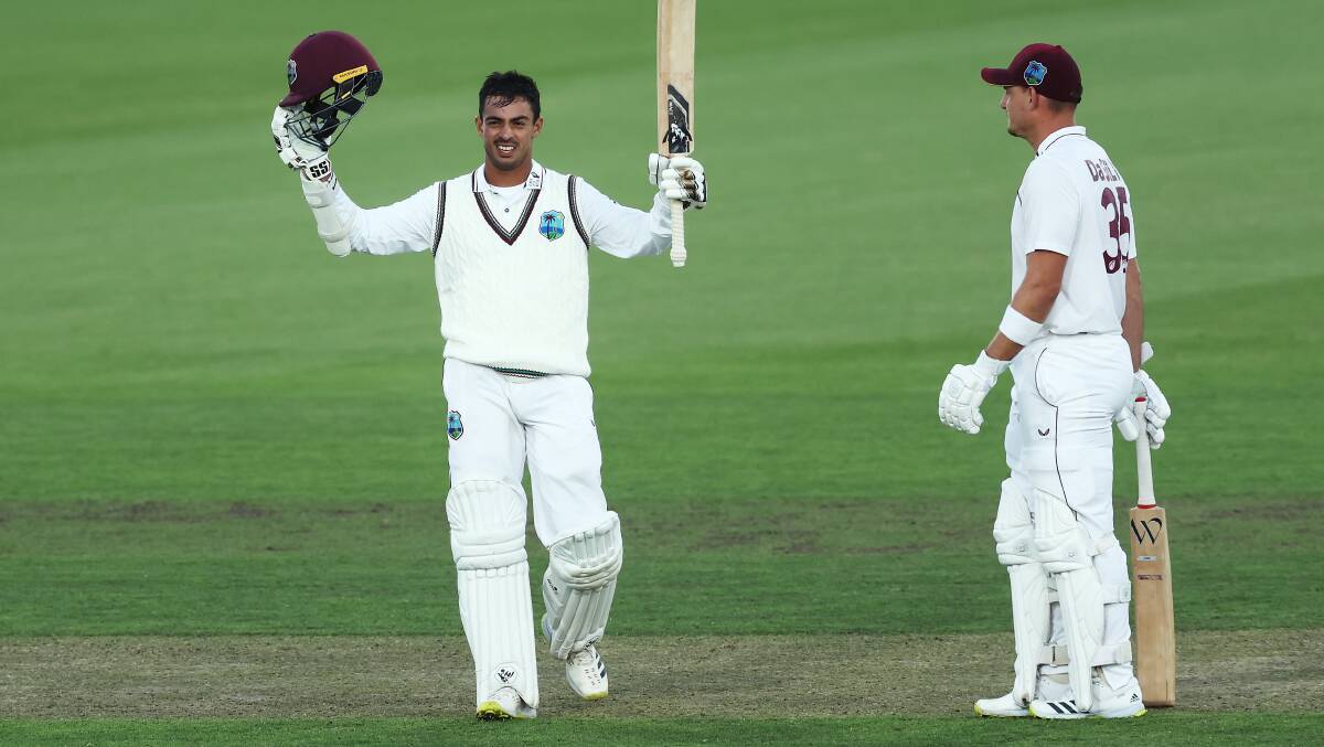 West Indies opener Tagenarine Chanderpaul celebrates his century in the Prime Minister's XI fixture on Thursday. Picture Getty Images