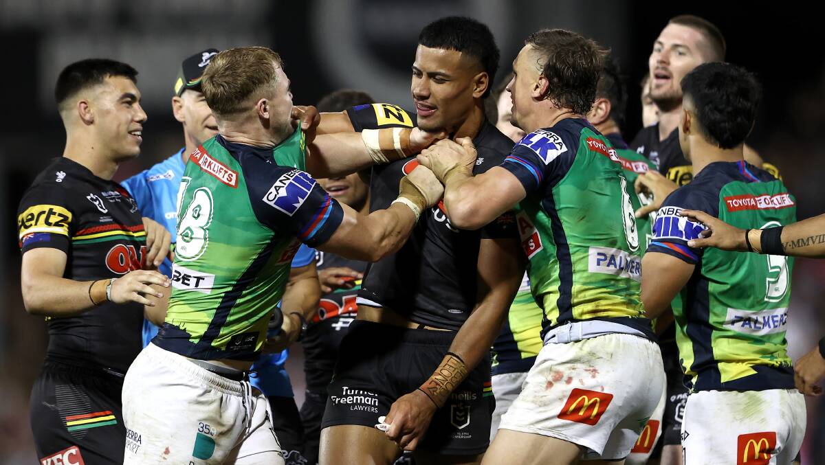 Penrith's Stephen Crichton and Canberra's Jack Wichton almost came to blows after their round seven clash earlier this season. Picture: Getty Images