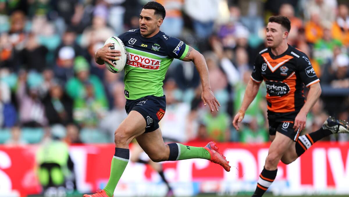Jamal Fogarty enjoyed a well-earned rest after leading the Raiders to a 42-0 half-time lead on Sunday afternoon. Picture Getty Images