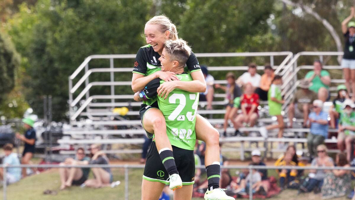 Canberra United striker Michelle Heyman celebrates her hat-trick in Saturday's victory. Picture by Sitthixay Ditthavong