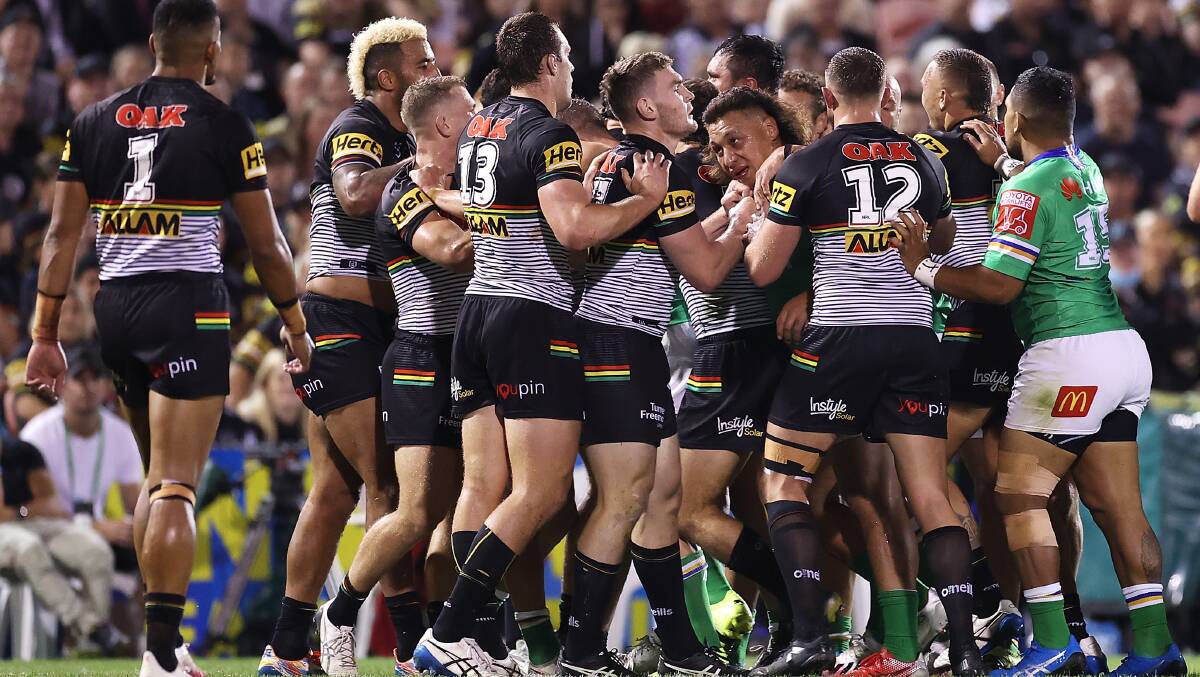 Fiery scenes are again expected when the Raiders host the Panthers on Saturday night. Picture: Getty Images