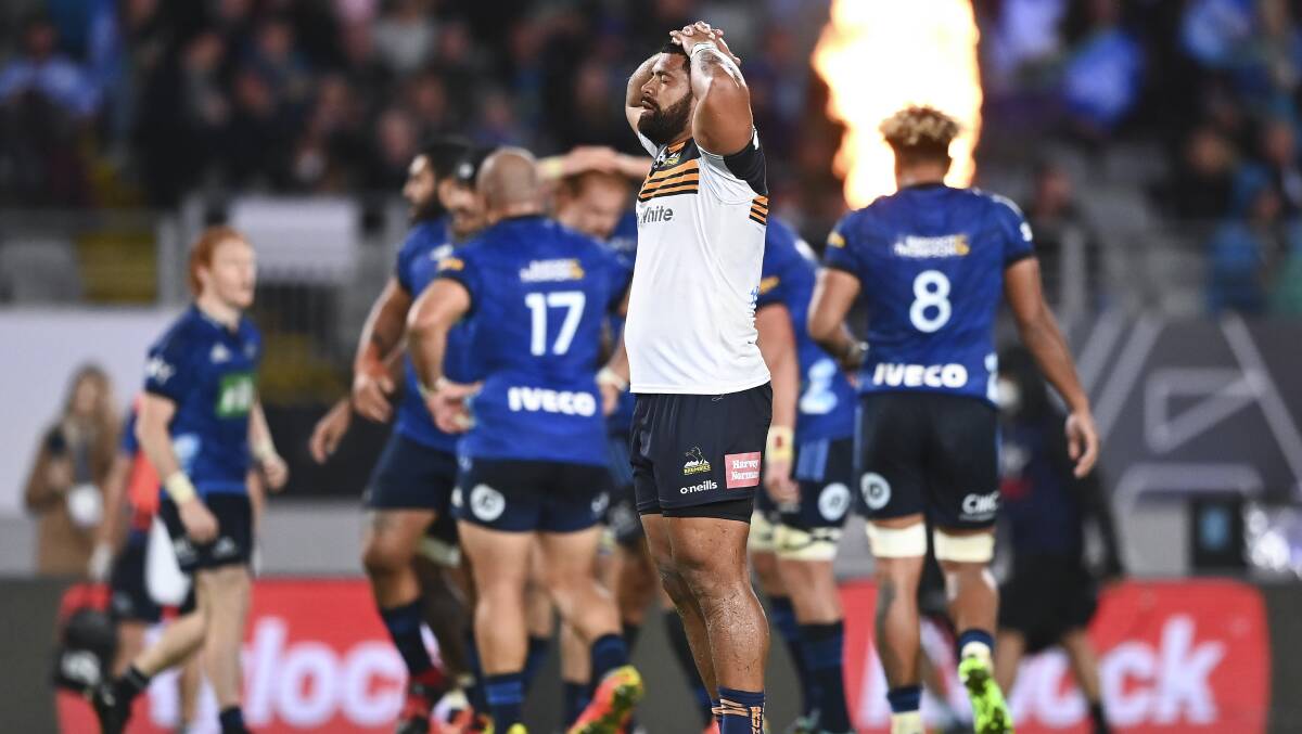 Departing Brumbies prop Scott Sio reacts after the side's Super Rugby semi-final defeat in June. Picture Getty Images