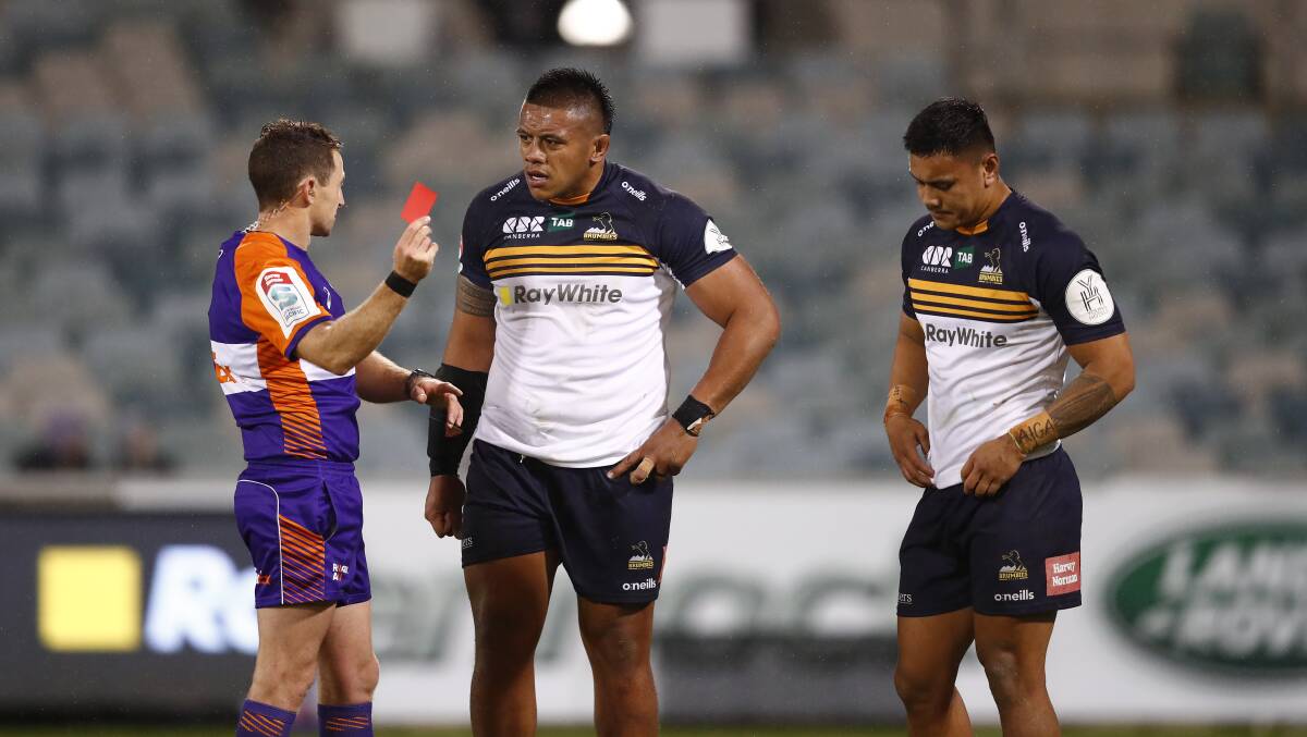 Len Ikitau (right) will make his return to the field on Saturday after receiving a red card in the Brumbies Super Rugby quarter-final. Picture: Keegan Carroll