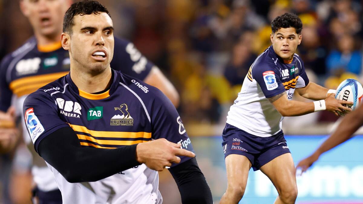 Jack Debreczeni (left) and Noah Lolesio are locked in a battle for the Brumbies No.10 jumper. Pictures by Keegan Carroll