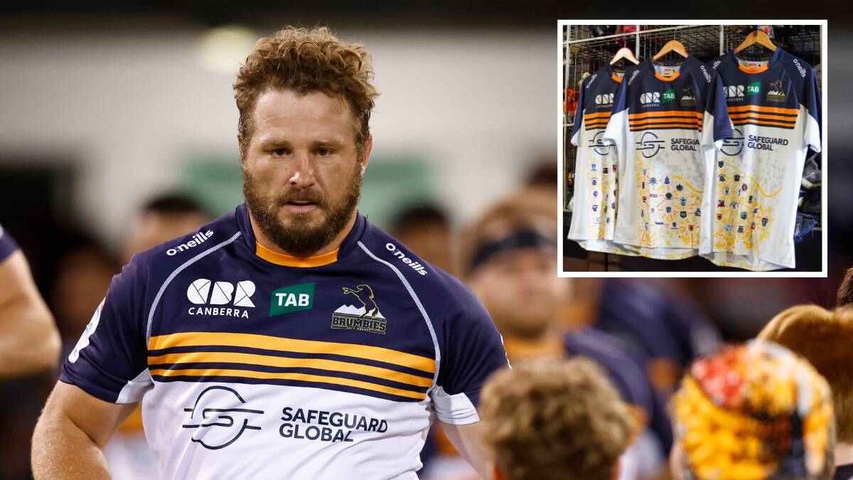 James Slipper and the ACT Brumbies will run out in the team's first DNA jersey (inset) on Saturday night. Picture by Keegan Carroll/ACT Brumbies Media