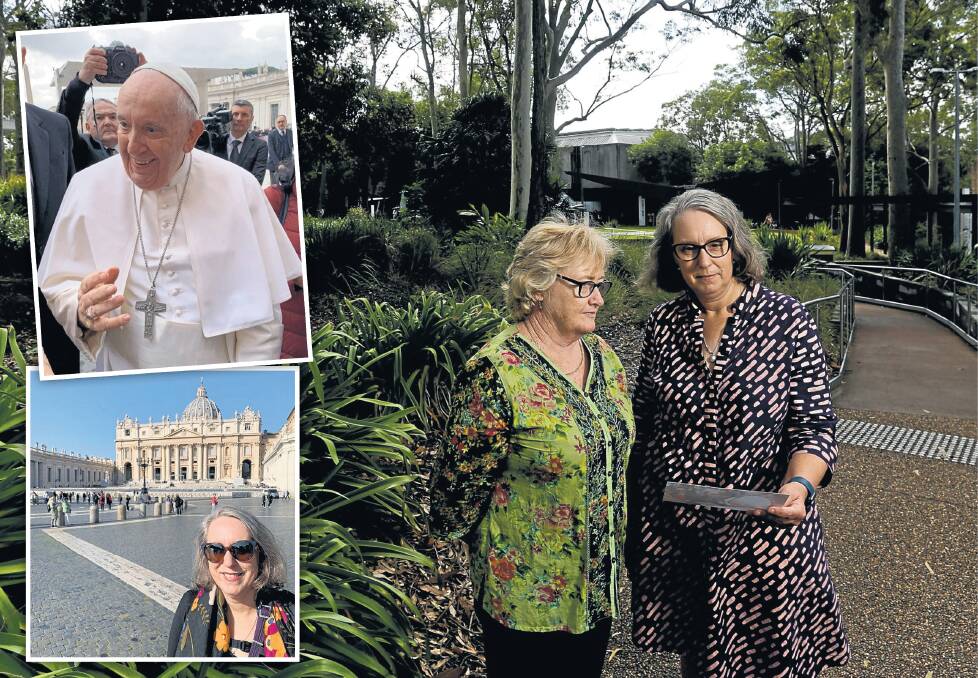 University of Newcastle researchers Kathleen McPhillips and Tracy McEwan. Last month, Dr McEwan handed the pair's research to Pope Francis in Rome. Picture by Jonathan Carroll, supplied
