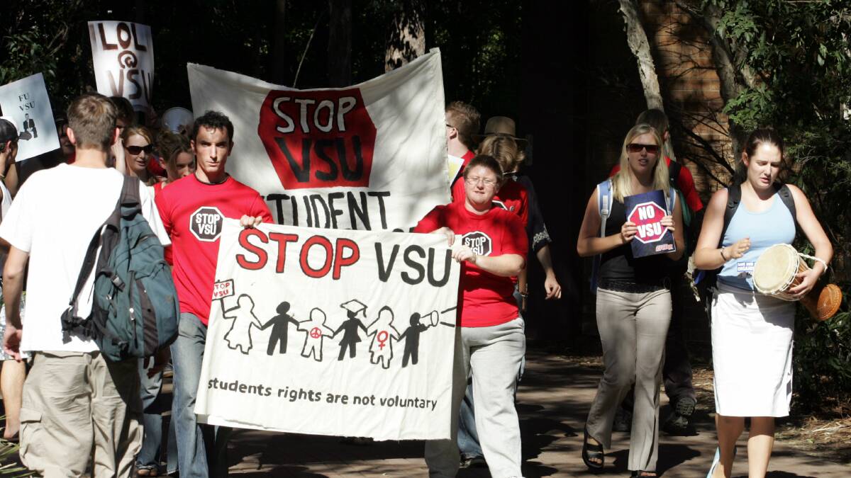A protest against voluntary student unionism held at UOW in April 2005. File picture