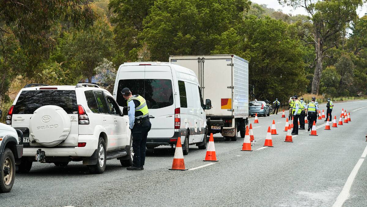 An ACT Policing checkpoint on the border with NSW has led to long queues for motorists over the past few days. Picture: Matt Loxton