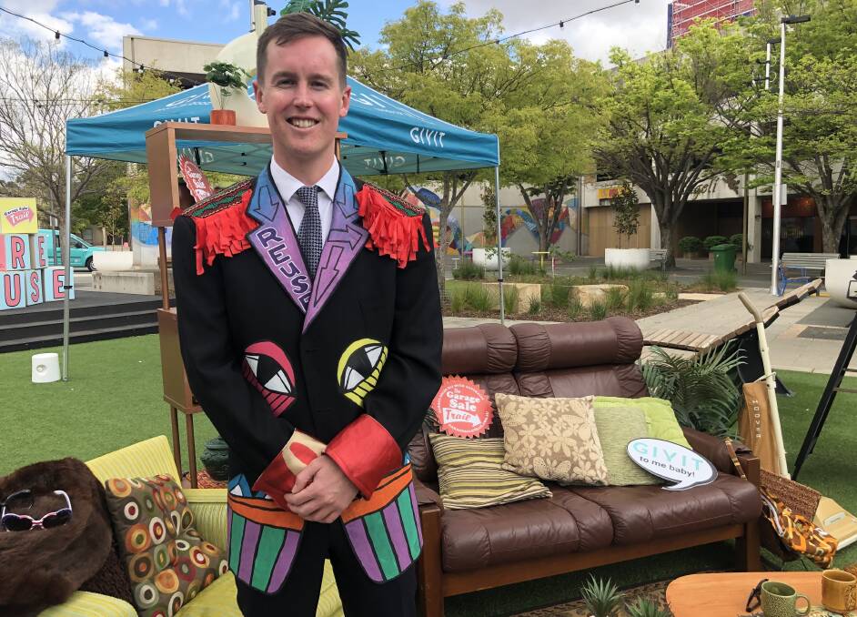 Minister for Recycling and Waste Reduction Chris Steel modelling the Trail Blazer, a jacket designed for him by artist Jeff McCann to highlight reusing household items instead of sending them to landfill. Picture: Elliot Williams