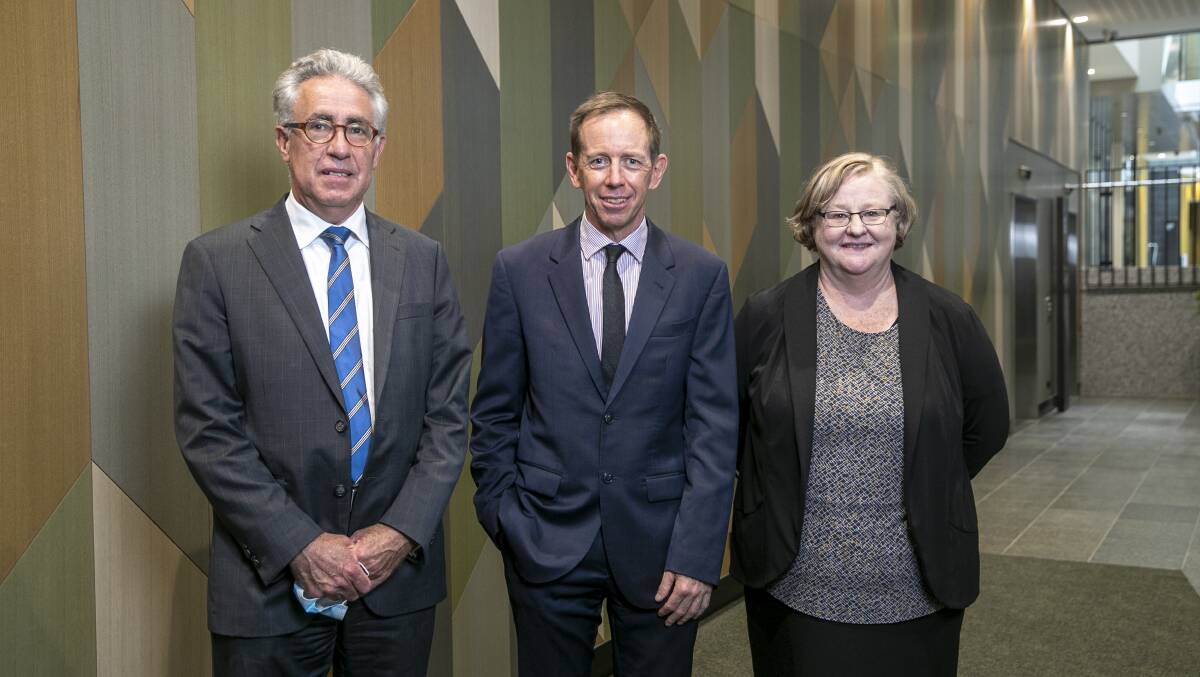 Attorney-General Shane Rattenbury, centre, with ACT Coroner Ken Archer, and magistrate Jane Campbell. Picture: Keegan Carroll