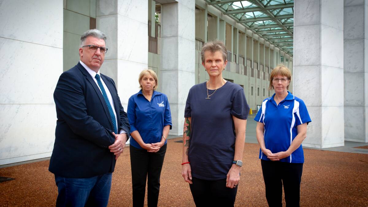 HSU officials Gerard Hayes, Lindy Twyford, Virginia Ellis and Josie Peacock at Parliament House for the release of the aged care report. Picture: Elesa Kurtz.