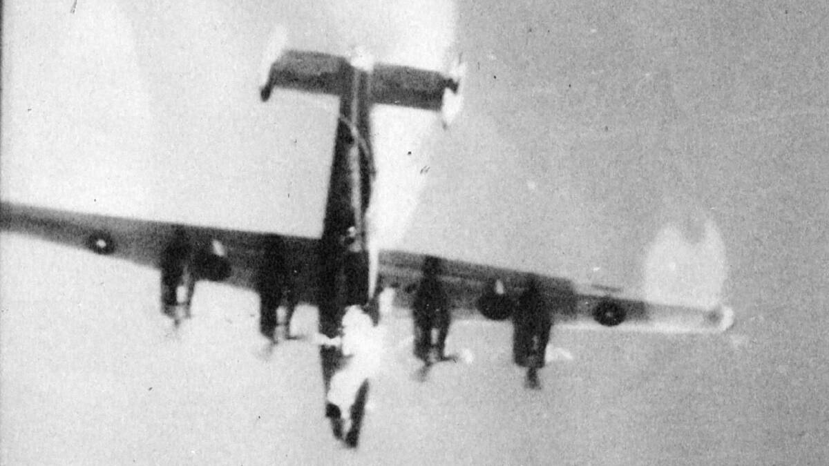 RAAF Liberator A72-81, on fire and out of control, plummets into the Soemba Strait.
Picture: Supplied.
