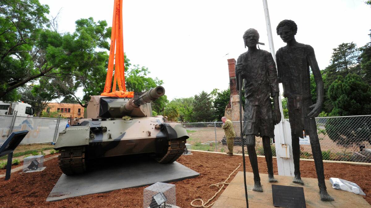 The positioning of the Leopard tank installed outside the former Canberra Services Club 10 years ago in 2012 is unfortunate. Picture by Karleen Minney.