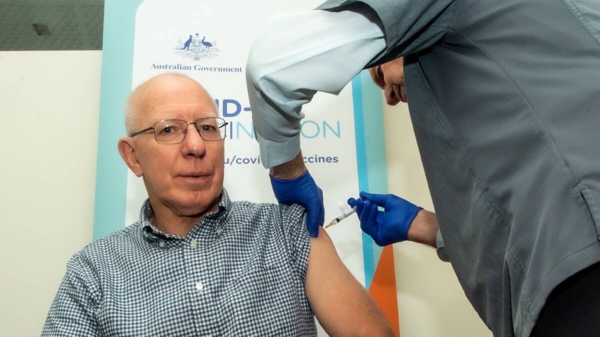 The Governor-General, General David Hurley, receives his first shot of the Australian-produced COVID-19 vaccine. Picture: Karleen Minney