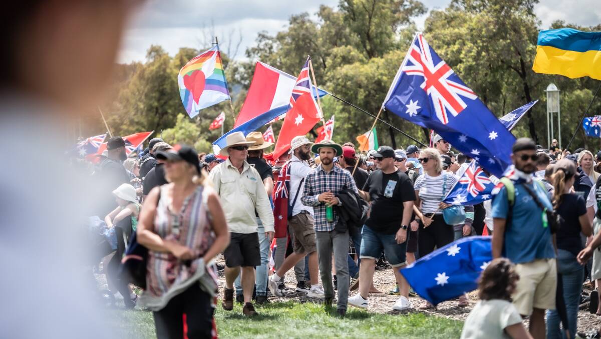 Many of the anti-vaccination and anti-mandate protesters who have converged on Canberra have swallowed right wing propaganda. Picture: Karleen Minney