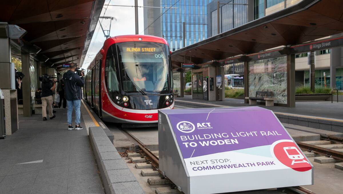 Canberra's light rail pulls into Alinga Street station. The next stop is yet to be built. Picture: Keegan Carroll

