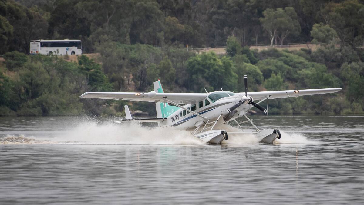 An Altair seaplane carries out a trial landing on Canberra's Lake Burley Griffin in December 2020. Picture: Karleen Minney.