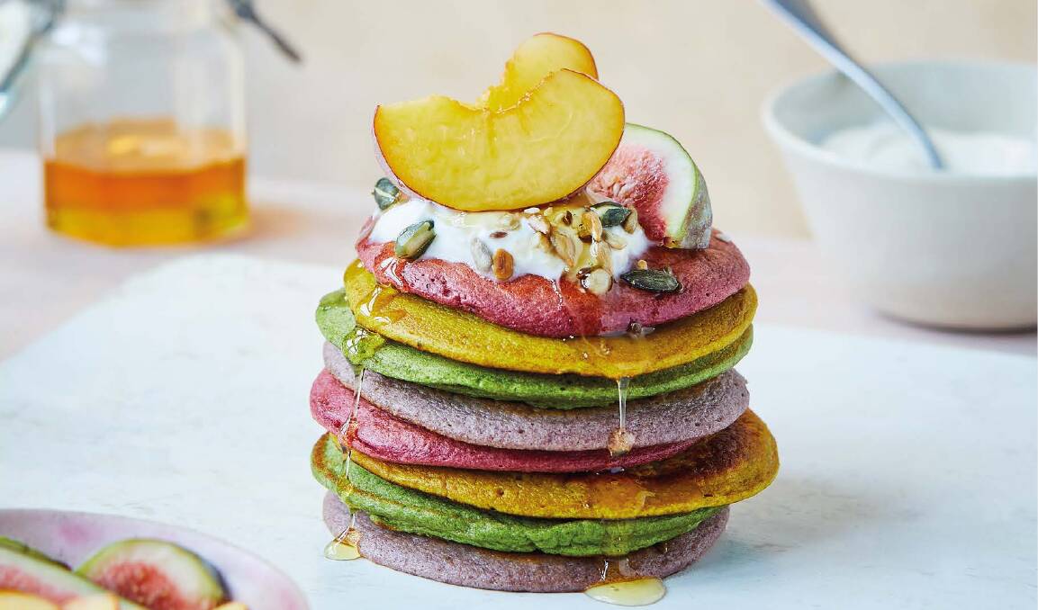 Eat-the-rainbow pancake stack. Picture: Supplied