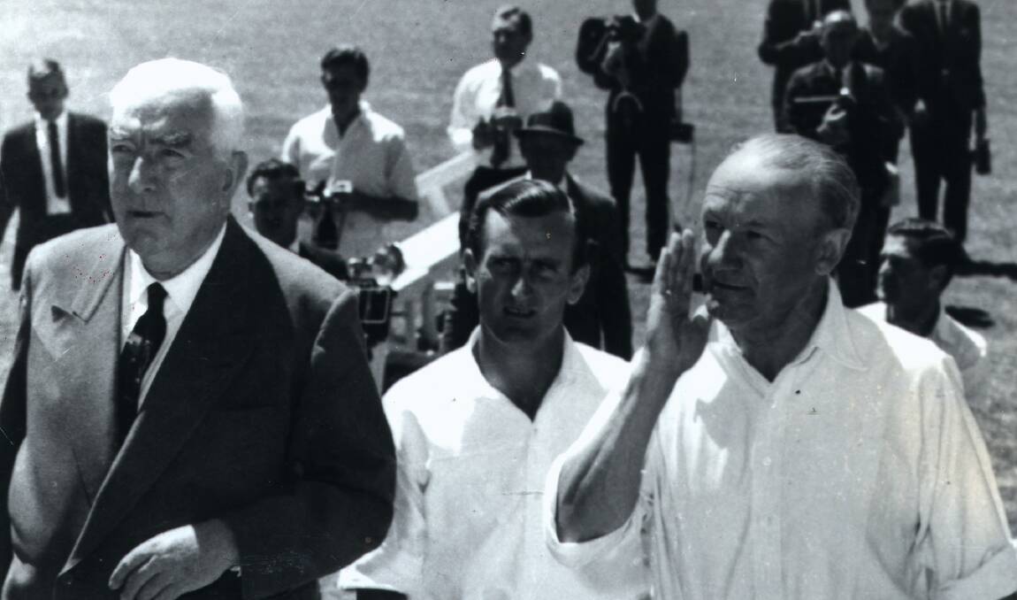 Sir Robert Menzies, Ted Dexter and Sir Donald Bradman at Manuka Oval on February 6, 1963. Picture: ACT Heritage Library