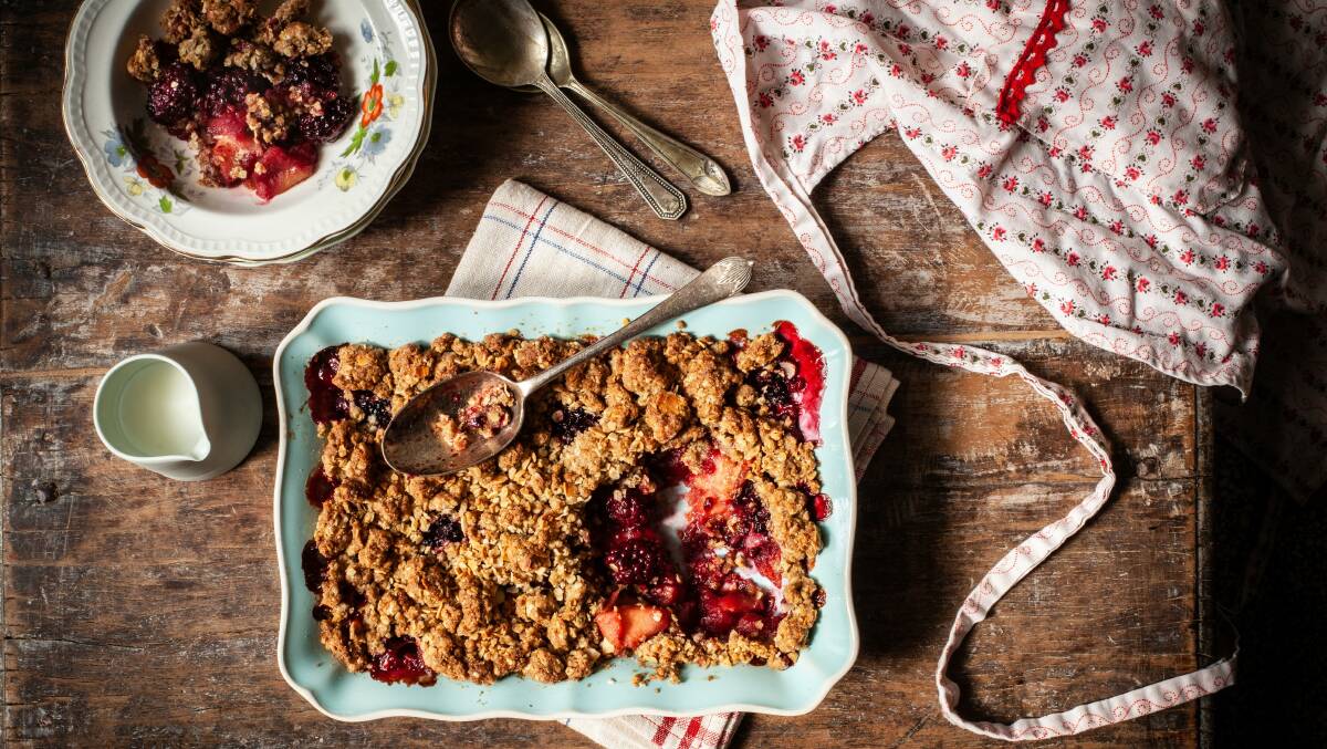 Apple and blackberry crumble. Picture: Supplied