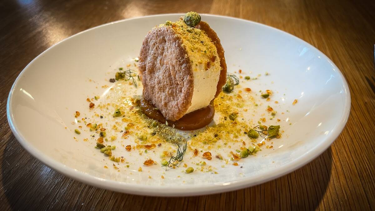 Honey and yogurt parfait with wafer, apricot, pistachio and cinnamon. Picture by Karen Hardy