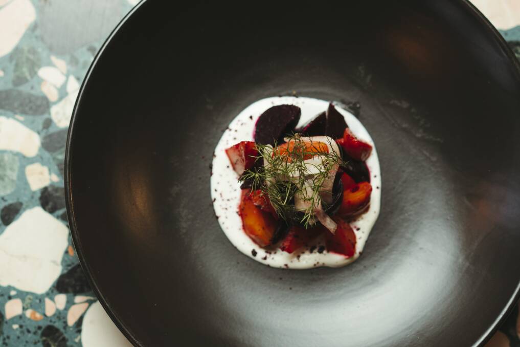  Beetroot, cultured cream, and native pickled fennel. Picture: Dion Georgopoulos