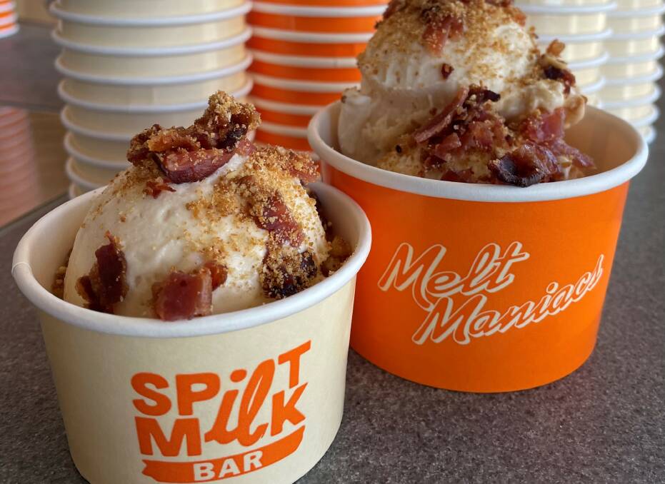 Try the maple malt gelato with candied bacon and malted pretzel crumb at Spilt Milk. Picture: Supplied
