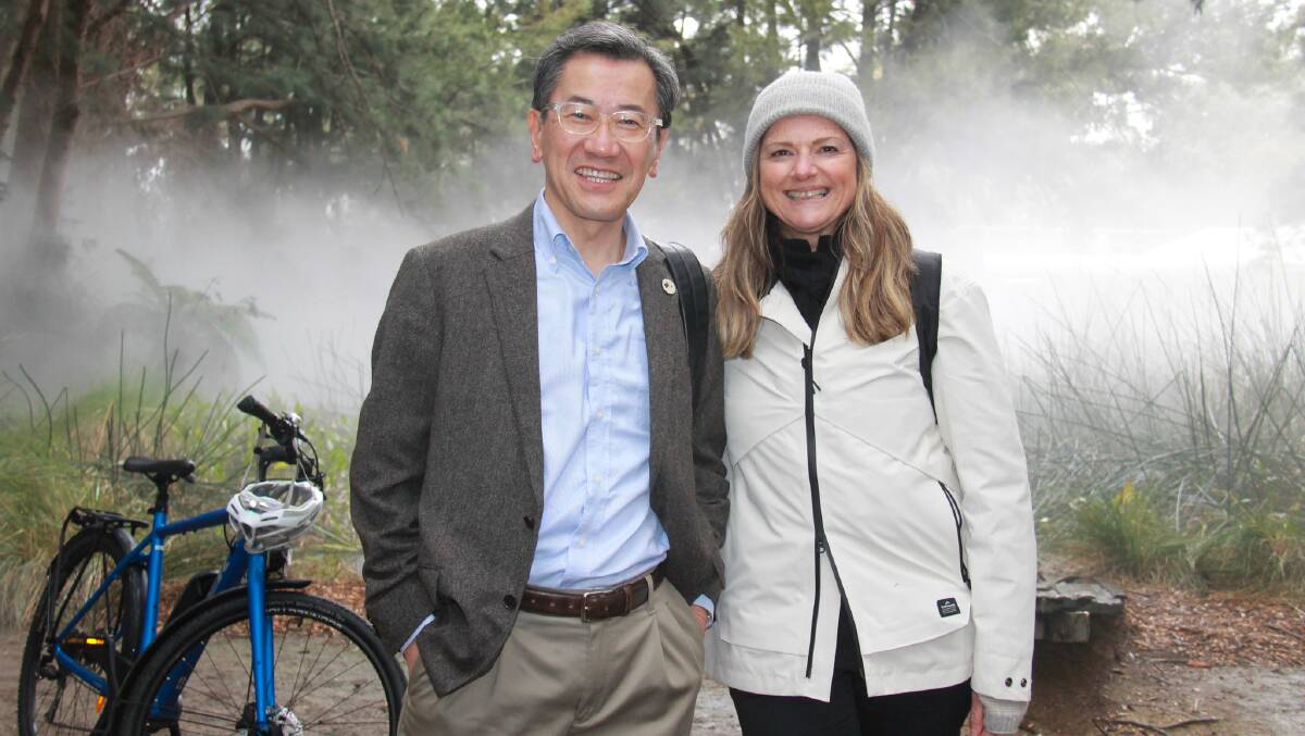 Former Japanese ambassador Shingo Yamagami and Jule Zemiro in the Sculpture Garden at the National Gallery of Australia. Picture supplied