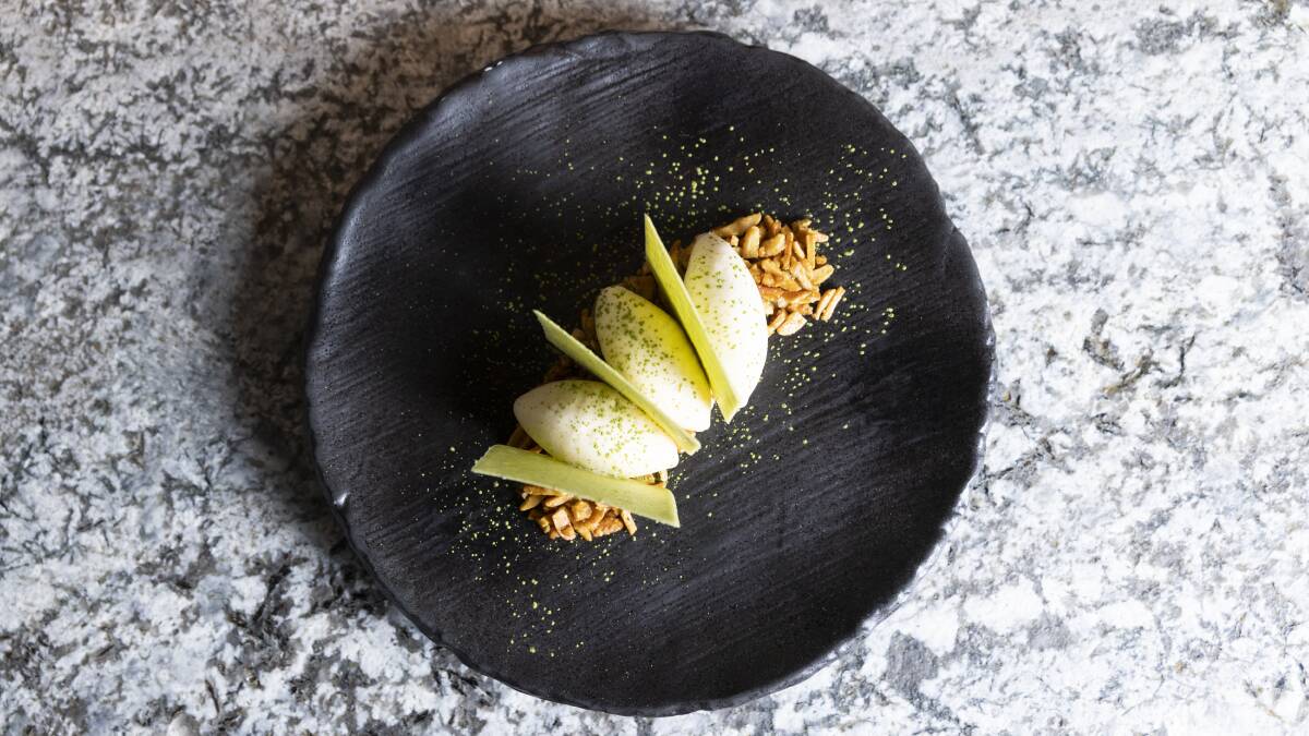Toasted sesame ice cream with caramelised almonds sticky miso caramel and matcha wafer. Picture: Keegan Carroll