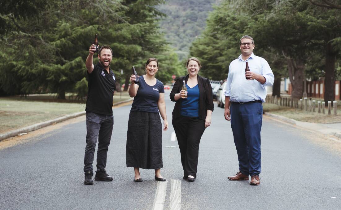 Canberra Beer and Cider Festival director Dan Gaul, BentSpoke's Tracy Margrain, Mercure Canberra's Tenele Conway, and general manager of Mercure Canberra Lukas Wilfling, on the corner of Batman and Gooreen Street where the festival will be held. Picture: Dion Georgopoulos 
