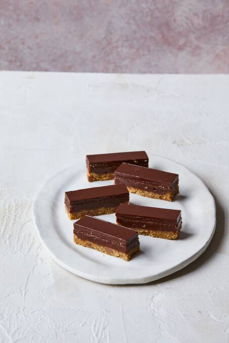 Caramel slice topped with milk chocolate ganache. Picture by Armelle Habib