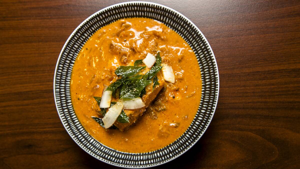 Kerala curry salmon, rustic coconut milk curry with shallots and lemon myrtle. Picture: Keegan Carroll