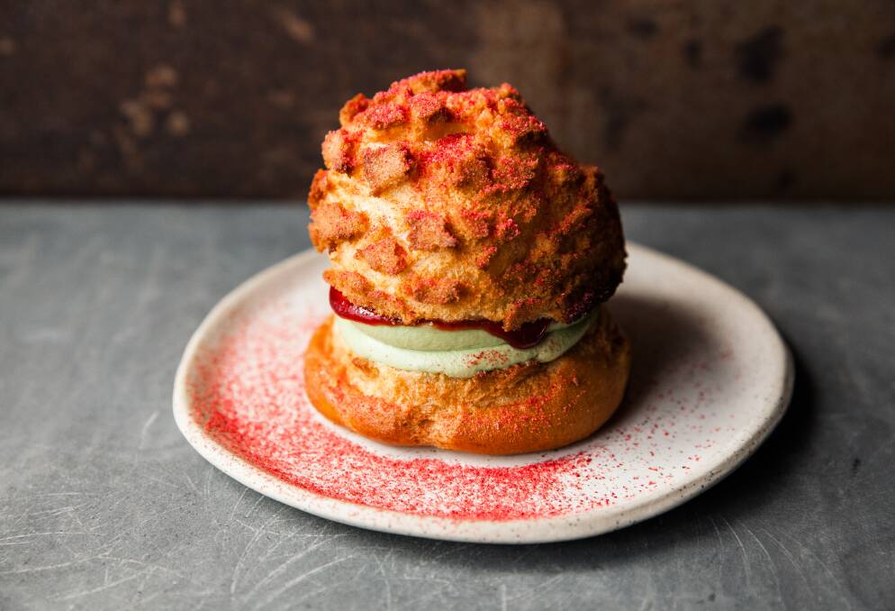 Matcha cheesecake puff with raspberry jam, choux puff. Picture: Supplied 