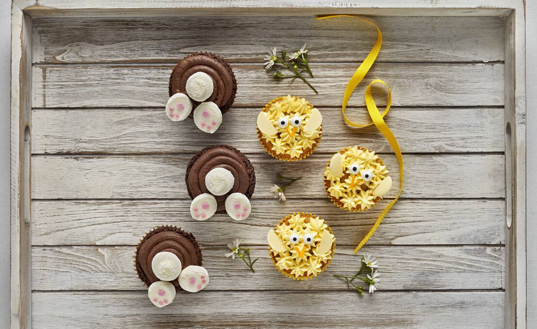 Chocolate bunny bottom cakes and Easter chick cupcakes. Picture: Supplied