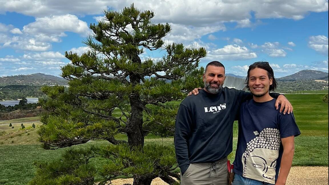 Adam Elchakak and landscape designer Shinya Ueda with a Japanese pine at the National Arboretum. Picture supplied