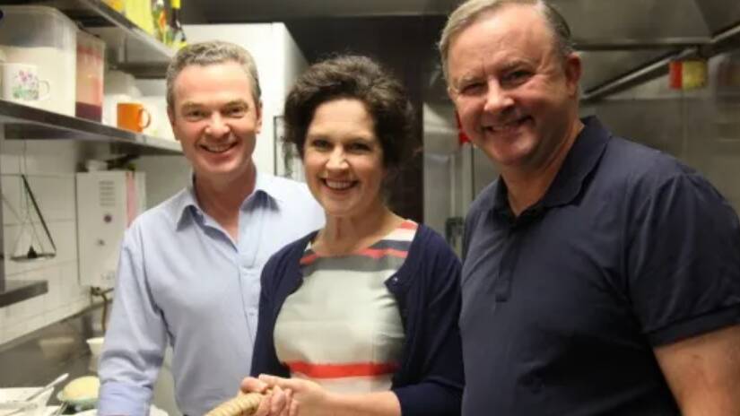 Christopher Pyne, Annabel Crabb and Anthony Albanese shooting Kitchen Cabinet in 2018. Picture supplied 