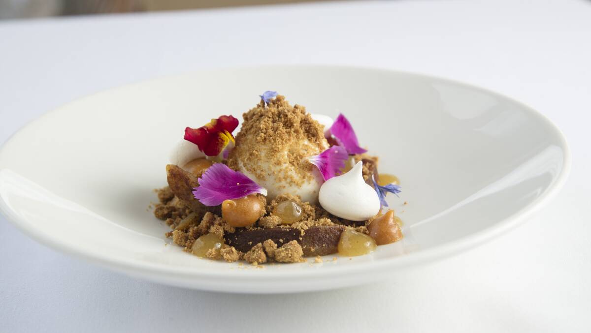 Pear and gingerbread crumble, cheesecake ice cream. Picture by Keegan Carroll