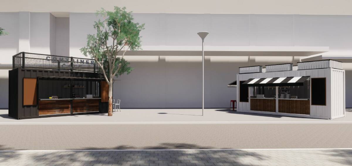 An artist's impression of the proposed shipping container takeaway shops in front of the Westfield Woden wall. Picture: Supplied