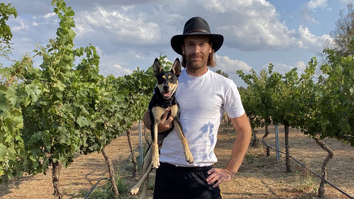 Mallaluka winemaker Samuel Leyshon and his dog Fig. Picture: Supplied
