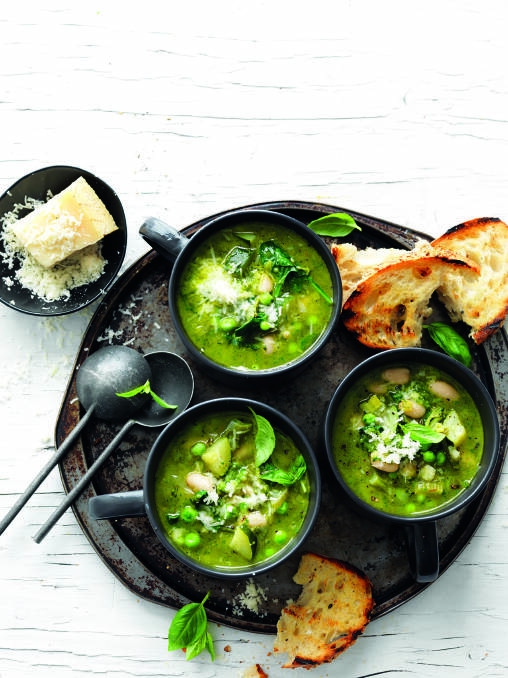 Green veggie minestrone with basil and parmesan oil. Picture: Supplied