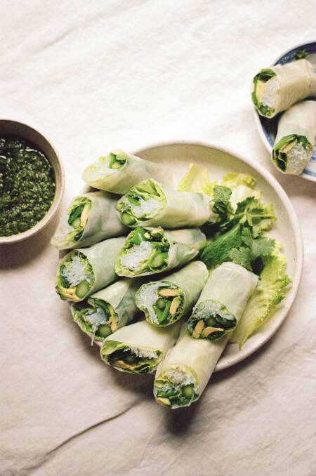 Springtime rolls with miso-kale pesto. Picture: Hetty McKinnon
