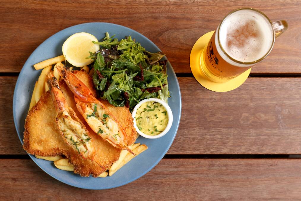 The Bavarian's Surf on a Schnitty, with grilled king prawns in garlic and herb butter. Picture by James Croucher